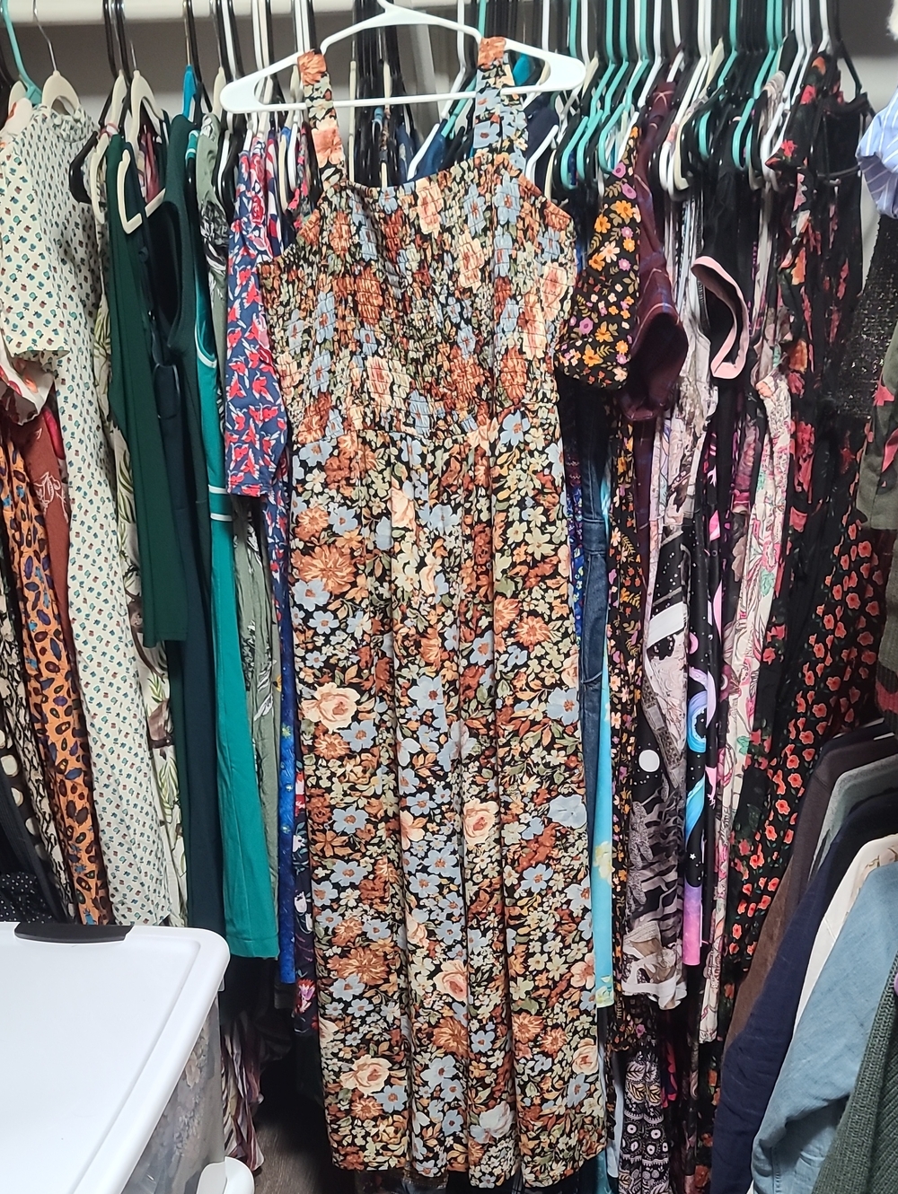 Amazon Floral Smocked Jumpsuit in Black, Blue & Brown